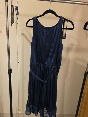 Carmen Marc Valvo Navy Sleeveless Midi Dress with Waist Tie